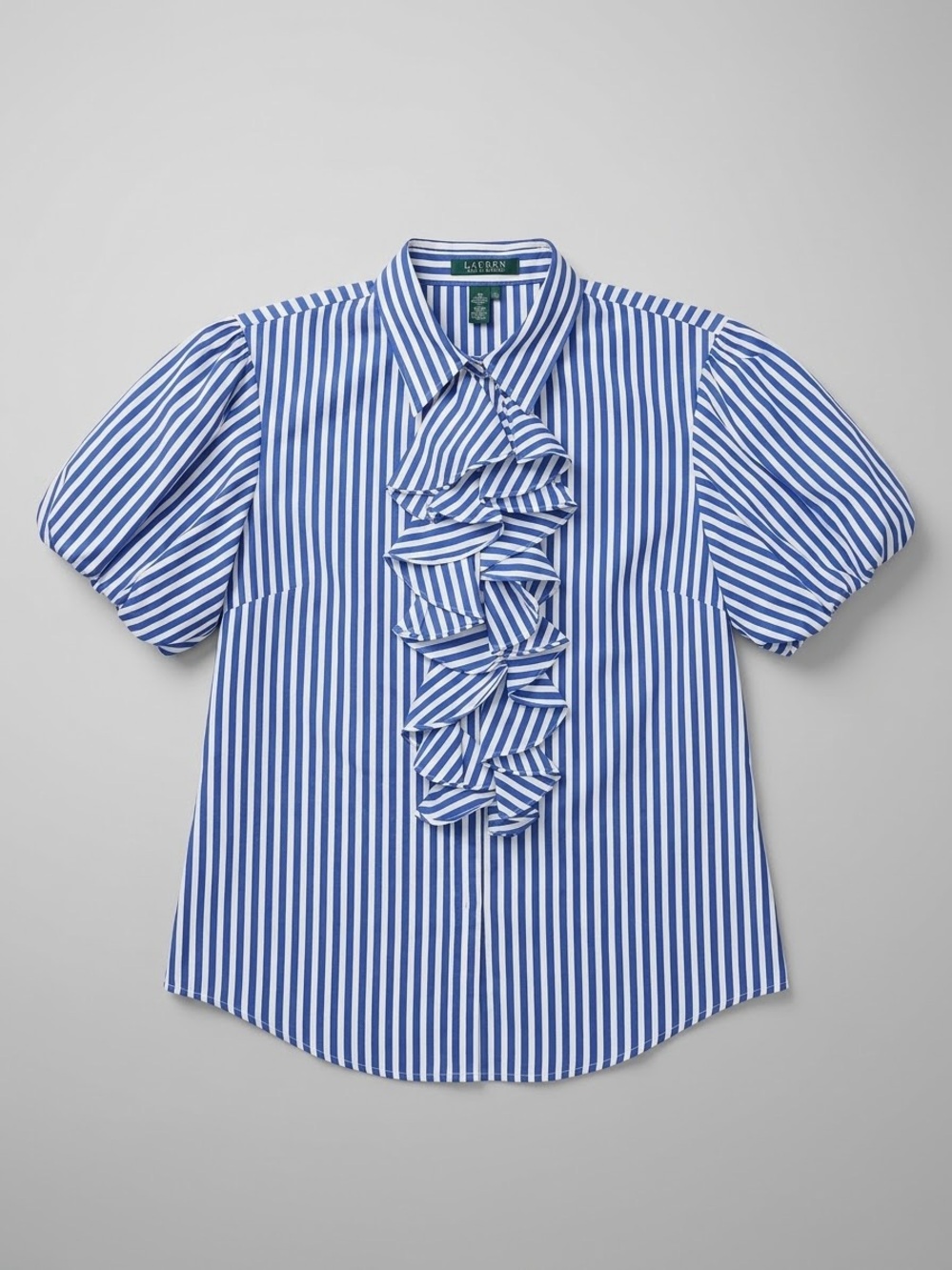 Lauren Ralph Lauren Blue White Striped Ruffle Blouse Sz L